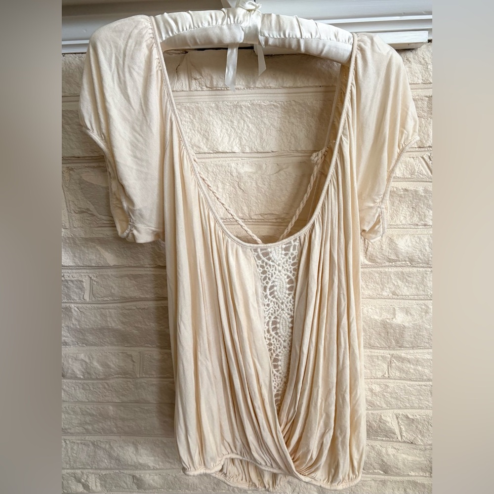 Free People Cream Draped Lace-Front Short Cap Sleeve Top + Rope Detail Sz Medium